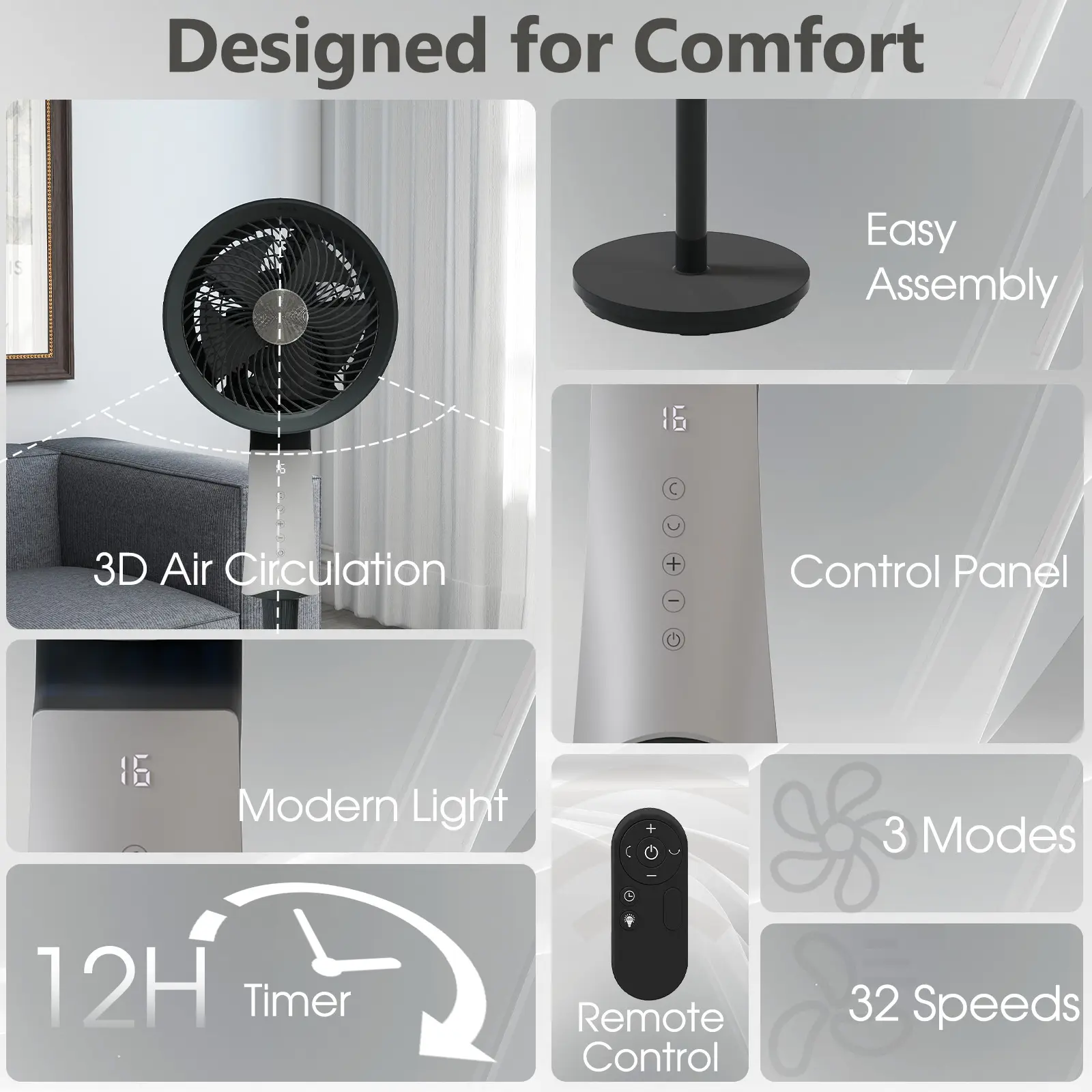 Ventilador de pedestal de alta velocidad con control remoto, 32 velocidades, 3 modos y temporizador 12H