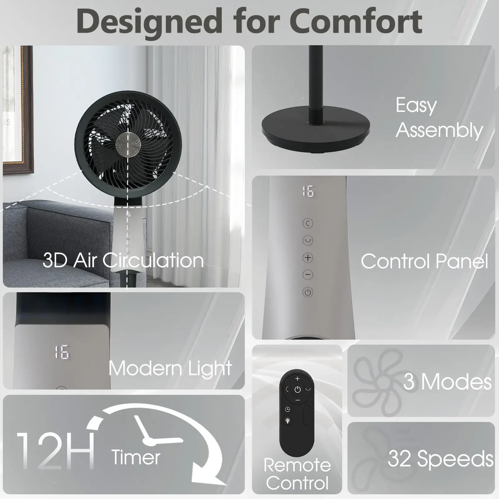 Ventilador de pedestal de alta velocidad con control remoto, 32 velocidades, 3 modos y temporizador 12H