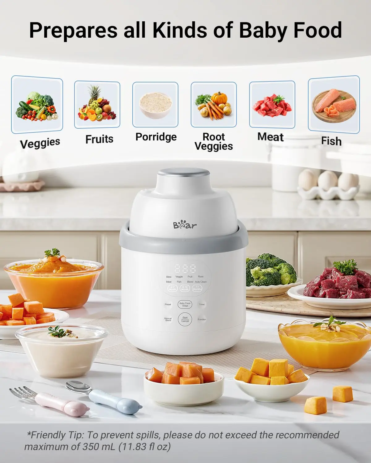 Procesador de alimentos para bebé de acero inoxidable, vaporera y licuadora todo en uno, cocina y tritura automáticamente, para purés caseros saludables, libre de BPA