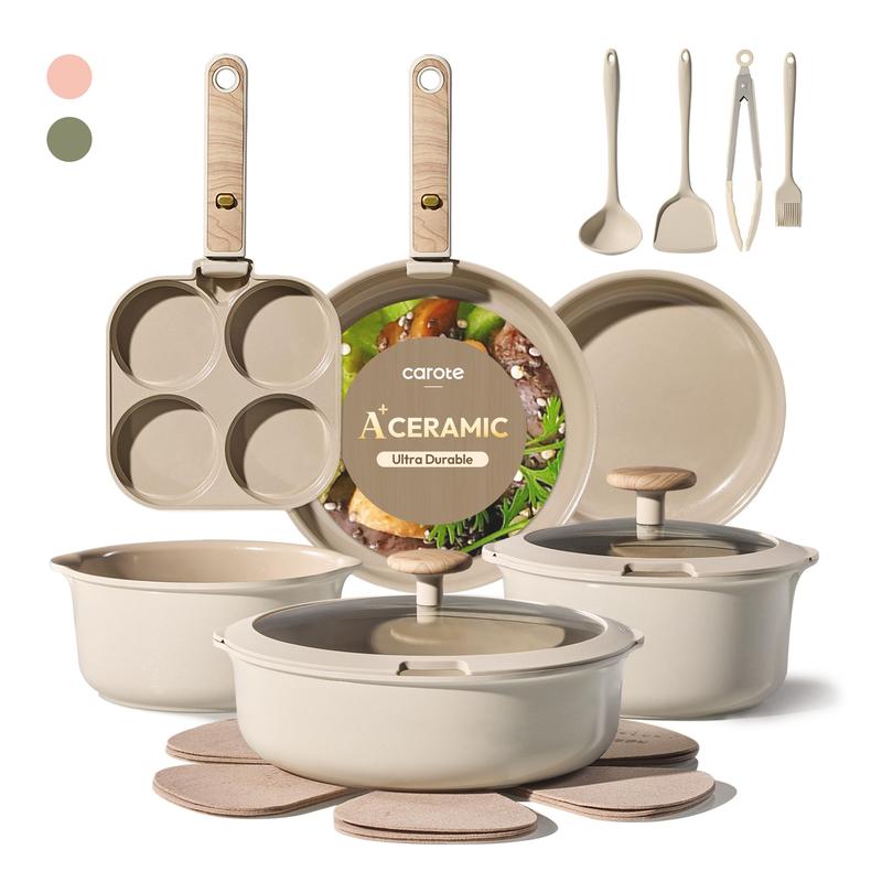 Juego de cocina de cerámica de 19 piezas, antiadherente, con mango desmontable, apto para lavavajillas y vertido fácil.