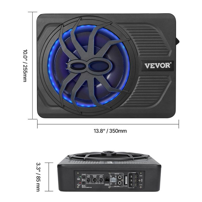 Subwoofer activo para auto de 10", 440W, diseño ultradelgado para instalar debajo del asiento. Incluye amplificador integrado, control remoto y luz ambiental azul. Ideal para autos, camionetas, SUV y RV.