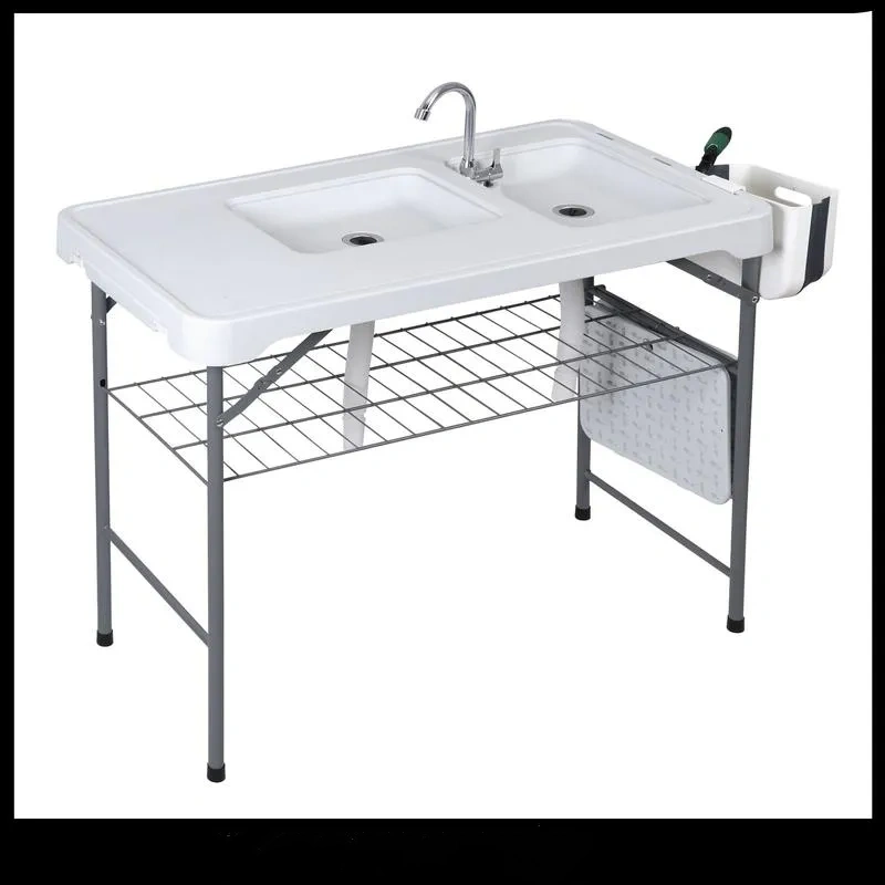Mesa multifuncional plegable para exteriores con doble fregadero y llave de agua, mesa portátil de PE y acero con parrilla inferior, soporta hasta 300 kg, ideal para limpiar pescado, BBQ, camping, patio y jardín (108 cm)
