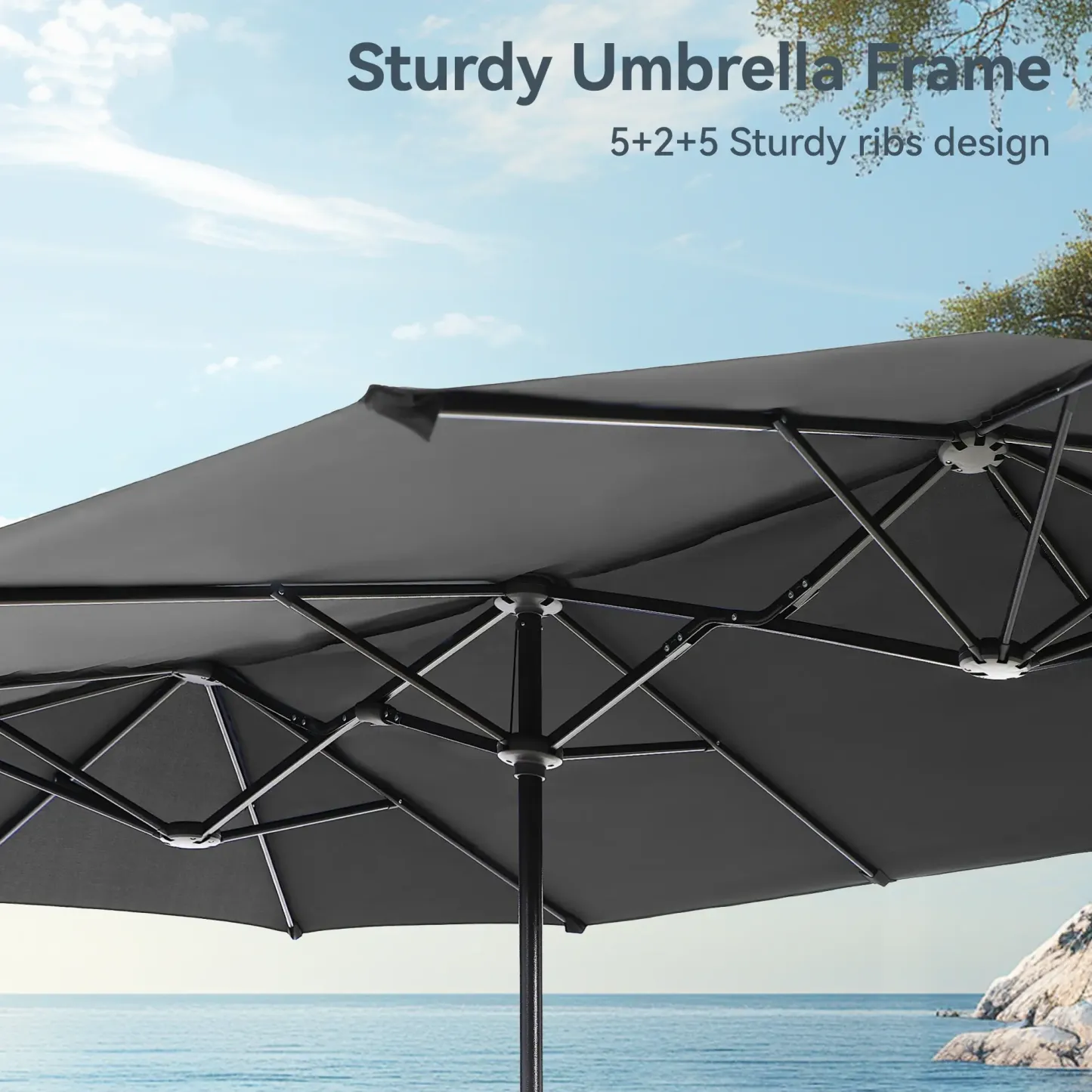 COSTWAY Sombrilla Solar para Patio de 15/13 pies con Base — Sombrilla Doble Extra Grande para Exteriores con 36 Luces LED y Manivela, Ideal para Jardín, Terraza, Piscina y Patio