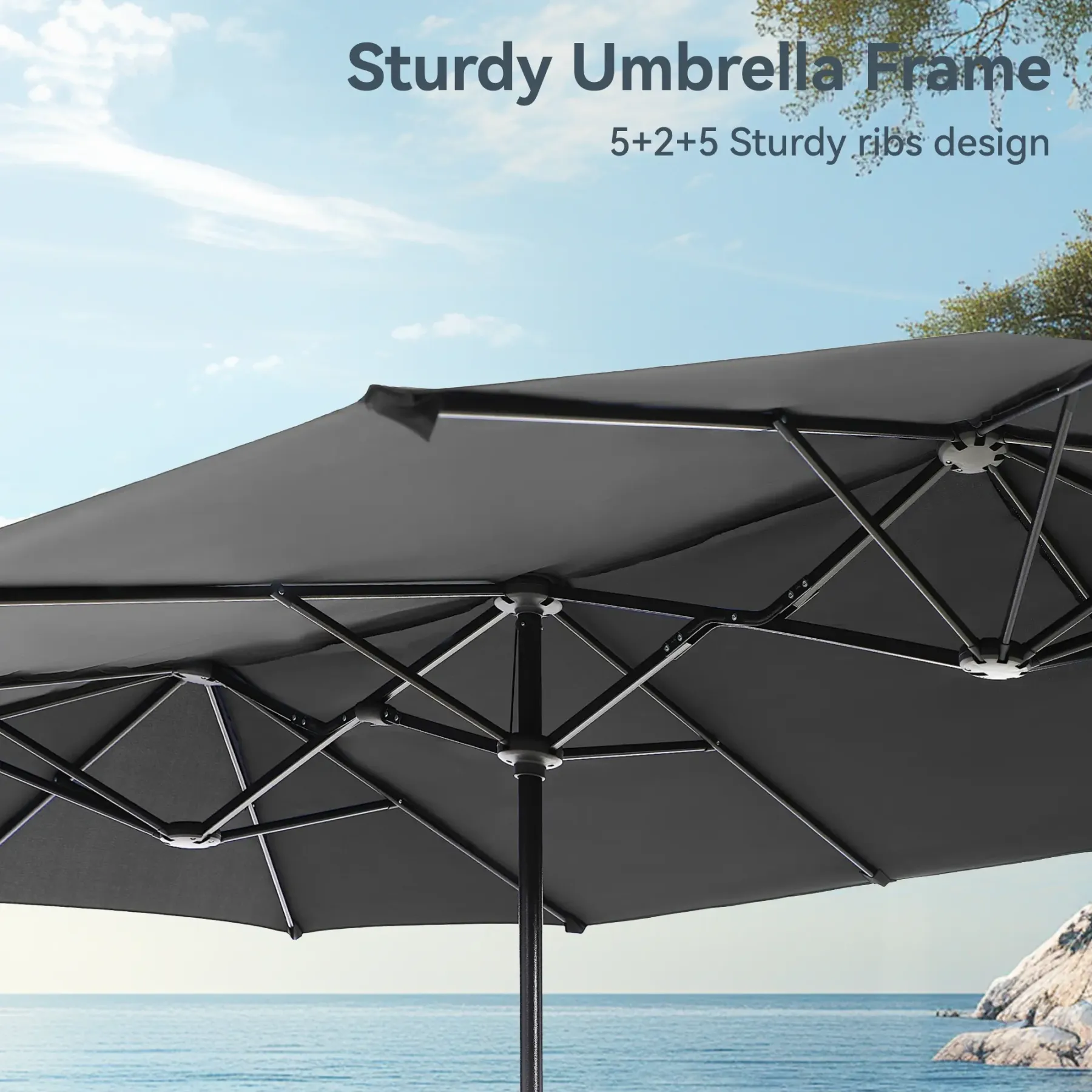 COSTWAY Sombrilla Solar para Patio de 15/13 pies con Base — Sombrilla Doble Extra Grande para Exteriores con 36 Luces LED y Manivela, Ideal para Jardín, Terraza, Piscina y Patio