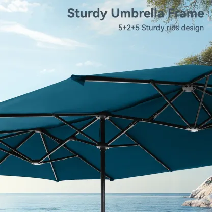 COSTWAY Sombrilla Solar para Patio de 15/13 pies con Base — Sombrilla Doble Extra Grande para Exteriores con 36 Luces LED y Manivela, Ideal para Jardín, Terraza, Piscina y Patio
