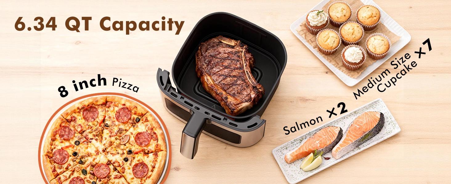 Sweetcrispy 6.34QT Air Fryer with Window 8 Food Presets 400°F Max Heat 90-Min Timer Nonstick Dishwasher-Safe Basket for Air Fry Roast Reheat Bake Stainless Steel