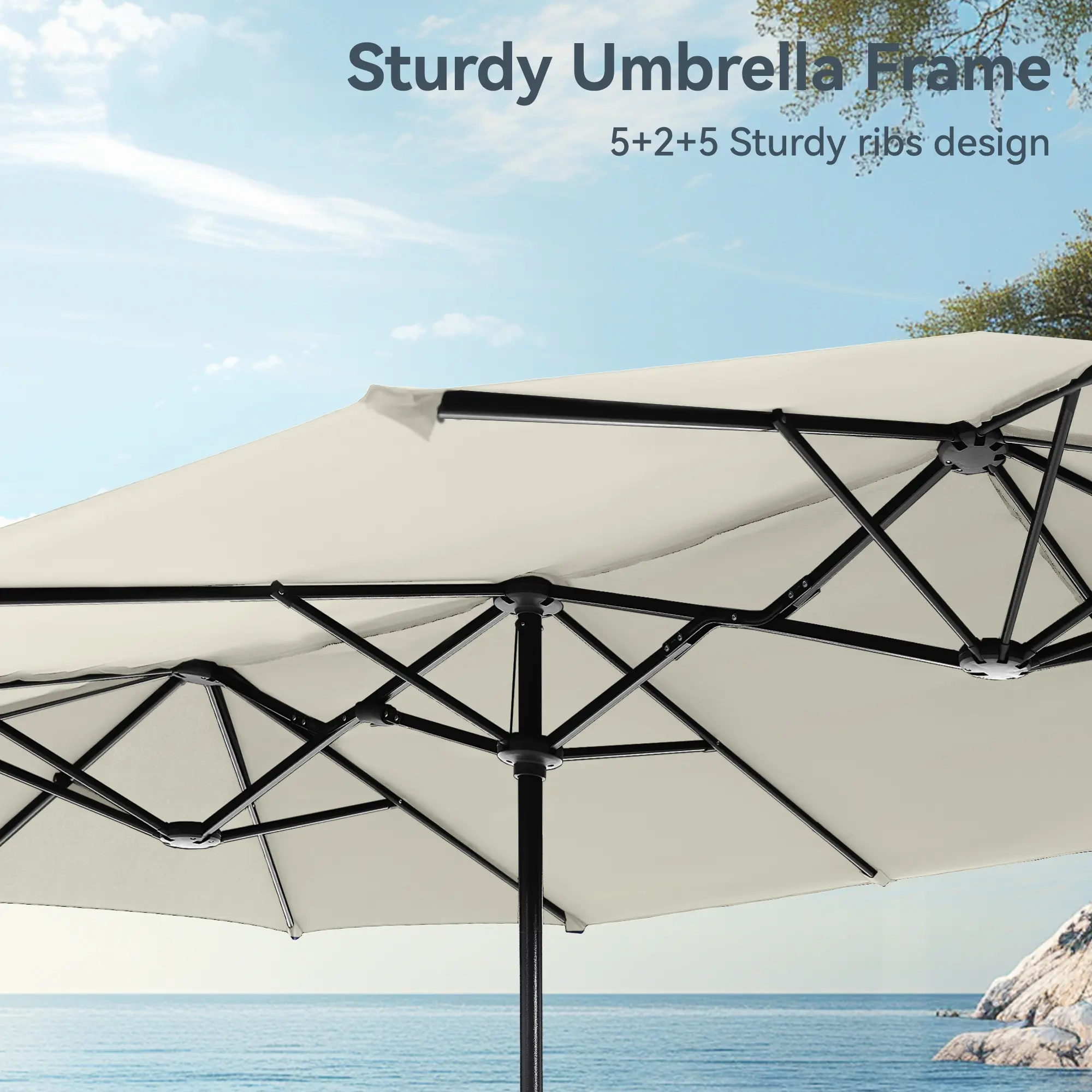 COSTWAY Sombrilla Solar para Patio de 15/13 pies con Base — Sombrilla Doble Extra Grande para Exteriores con 36 Luces LED y Manivela, Ideal para Jardín, Terraza, Piscina y Patio
