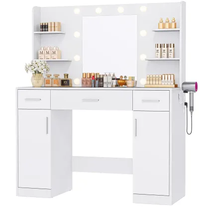 Tocador Blanco con Espejo Iluminado y Enchufe – Tocador de Maquillaje con 3 Cajones y Soporte para Dormitorio de Niñas