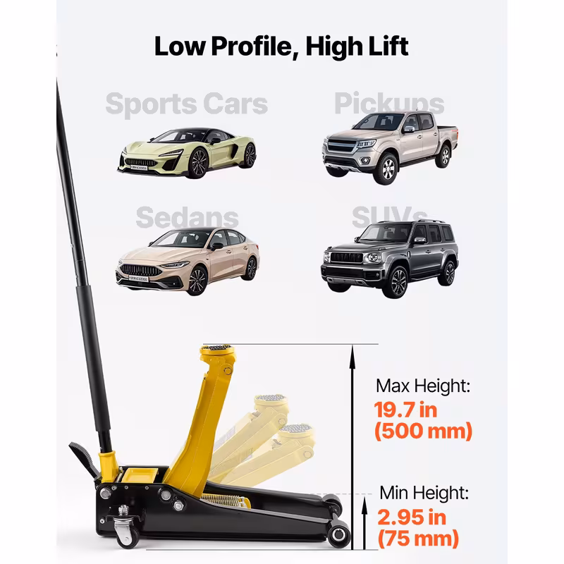 gato de piso de , capacidad de 3 toneladas, gato de piso de con bomba de elevación rápida de pistón y adaptador para suv, gato hidráulico de carro de ruedas para deportivos, camionetas, de elevación de 75-500 mm Detalles del producto 7