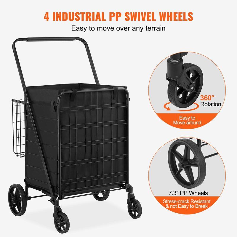 carrito de compras plegable con , forro impermeable extraíble, máximo 330 libras, gran capacidad, Jumbo, con cesta Dual, ruedas giratorias de 360 °, Base de malla de Metal denso, carro de utilidad resistente