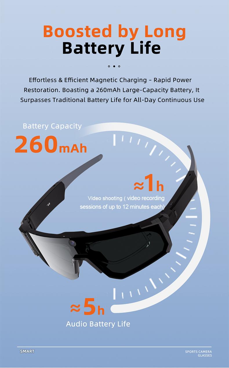 Smart Sports Glasses with 8MP Camera, 2K Photo/1200P Video Recording Wearable Glasses, IP54 Waterproof Multifunctional Wireless Audio Bluetooth Glasses with Headphone, Outdoor Sports Polarized Sunglasses with AI Voice Assistant, UV Protection Eyeglass