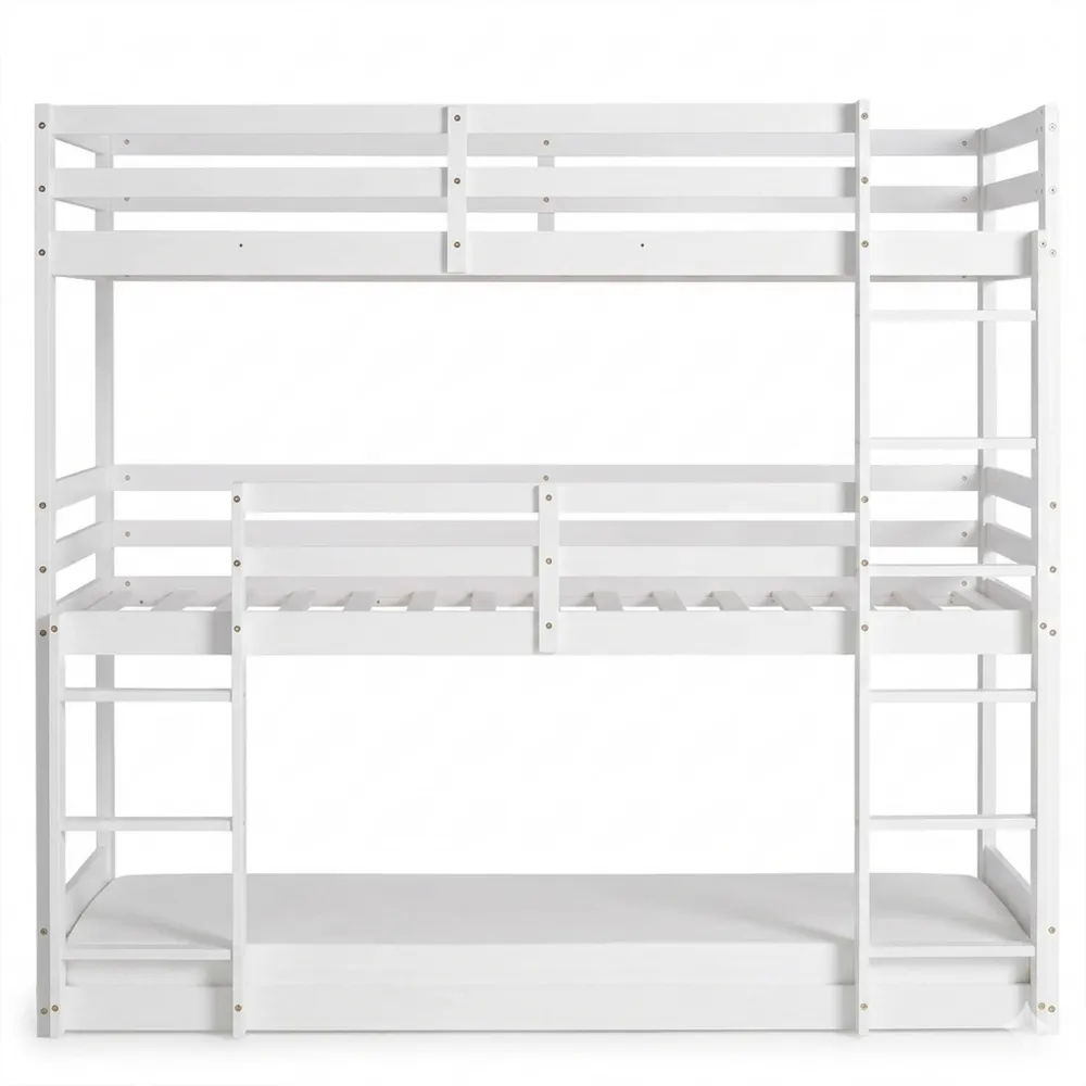 Raumsparendes Kinder-Etagenbett für Drei mit Treppe, 90x200 cm, Weiß