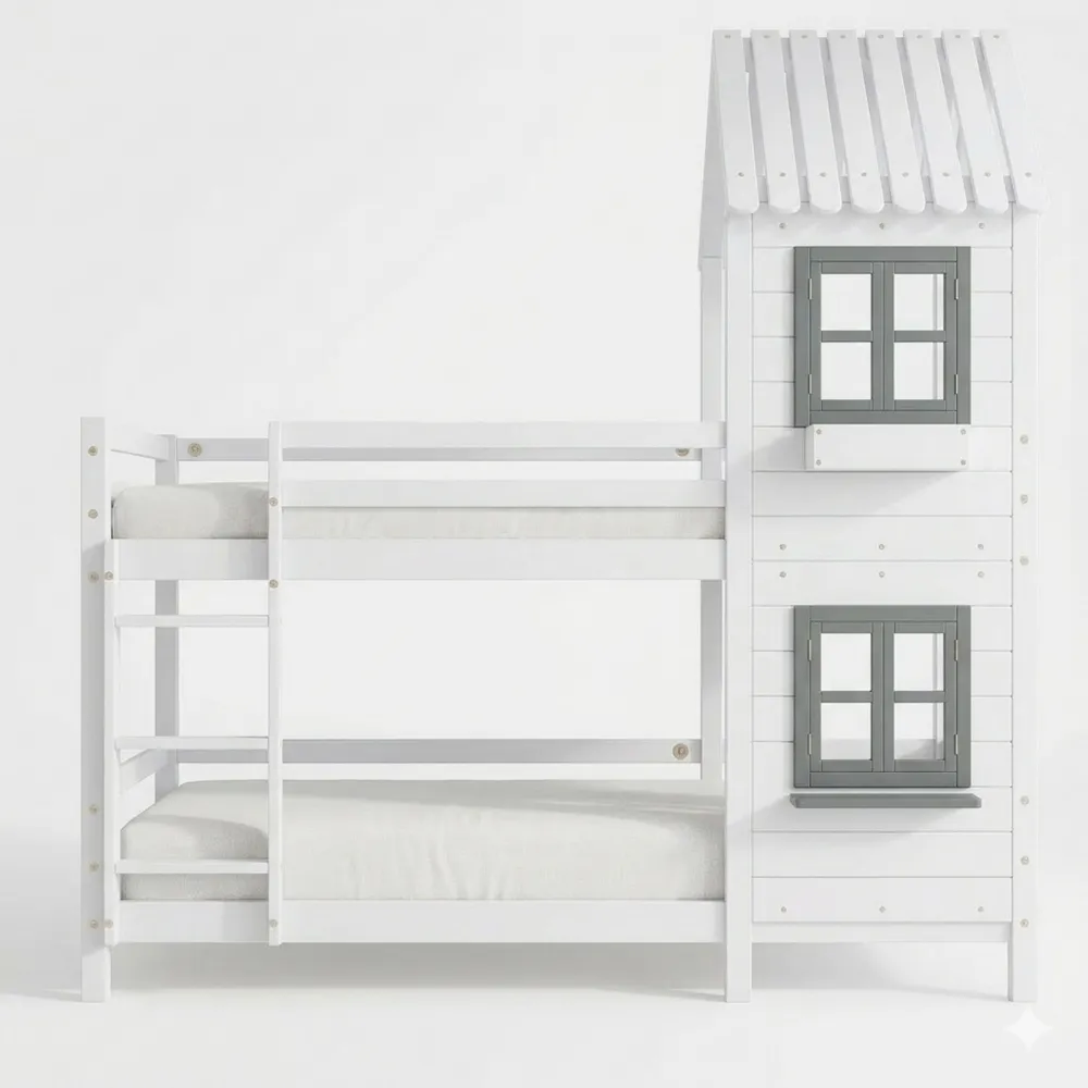 Etagenbett 90x200 cm mit Geländer und Fenster, Kinder-Hausbett mit Rausfallschutz und Gitter, Kiefernholzrahmen