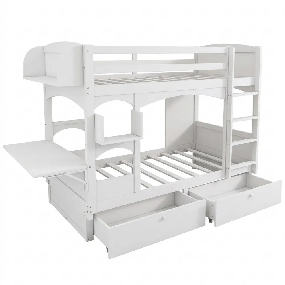 Hochbett für Kinder 90x200 cm mit Stauraum und Schubladen, Treppe und Rausfallschutz, Weiß