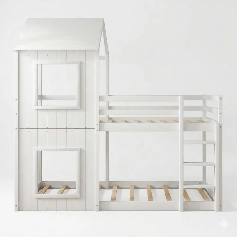 Hochbett 90x200 cm mit Rausfallschutz, Baumhaus Design, Weiß