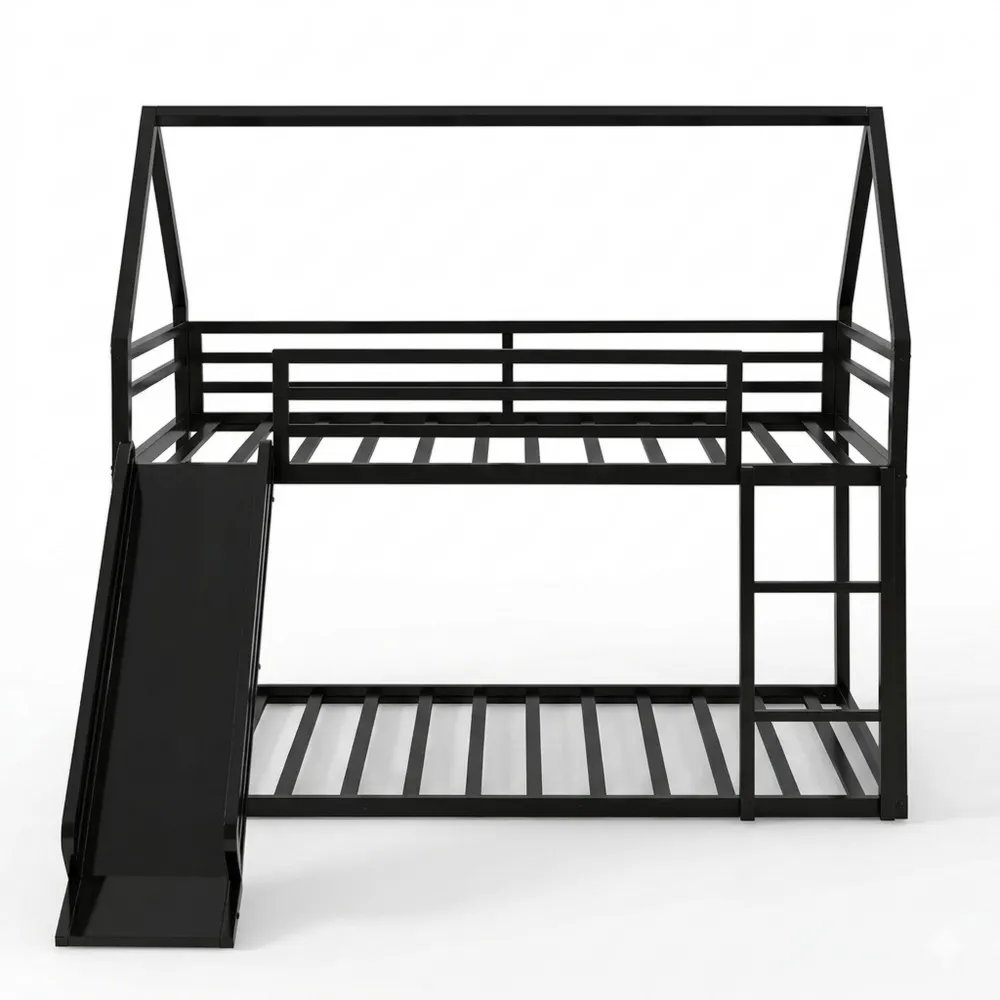 Spielbett mit Rutsche und Leiter 90x190 cm, Metall-Hochbett für Kinderzimmer, Zweistöckiges Bett ohne Matratze