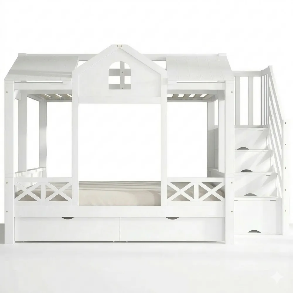 Kinder-Etagenbett mit Fenster und Dach, 90x200 & 140x200 cm, inklusive 2 Schubladen und 4 Stauraumfächern, Leiter und Lattenrost