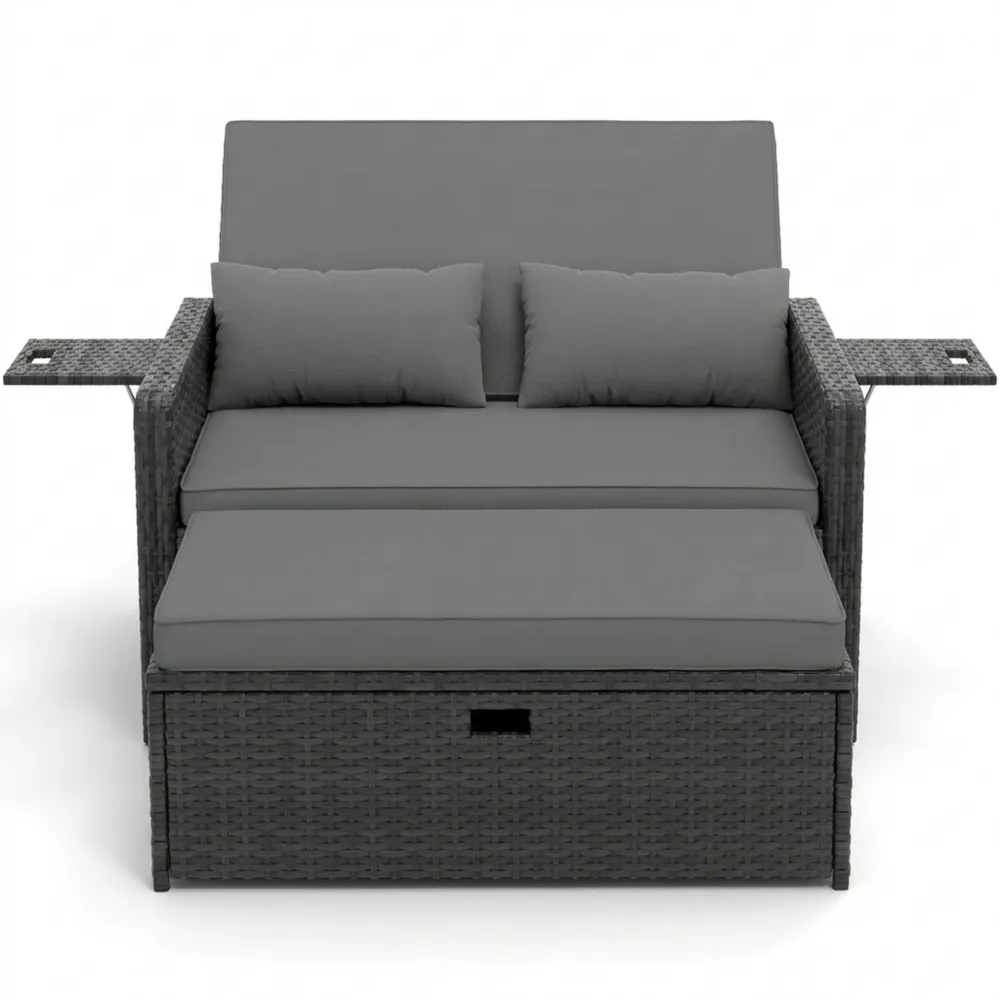 Outdoor Lounge Rattanmöbel mit Hocker und Stauraum, Verstellbares Gartensofa für Terrasse und Balkon, Grau