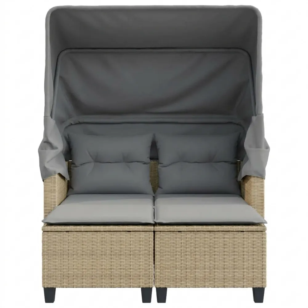 2-Sitzer Gartensofa mit Sonnenschutz und Hockern aus Polyrattan in Beige
