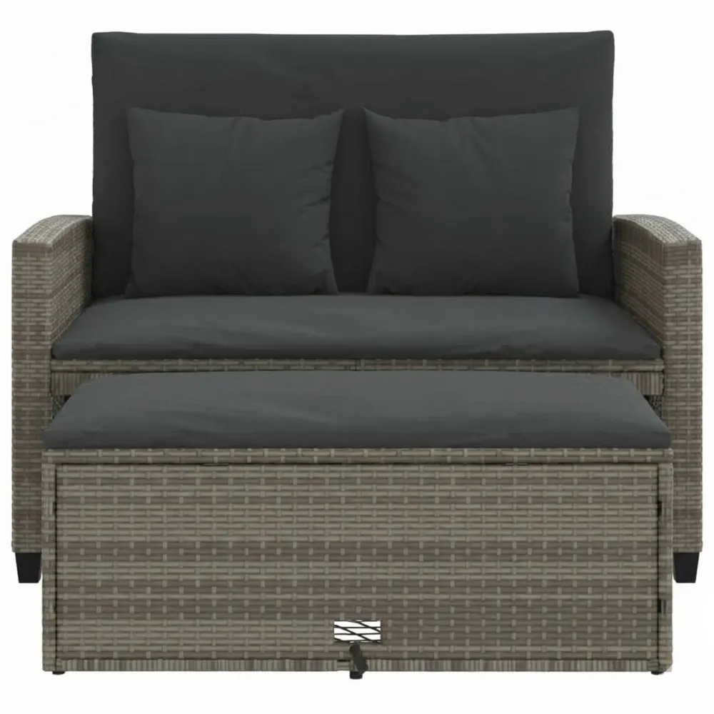 2-Sitzer Gartensofa mit Kissen und Hocker, Outdoor Couch mit Staufach, Abnehmbarer Bezug, Poly Rattan in Grau