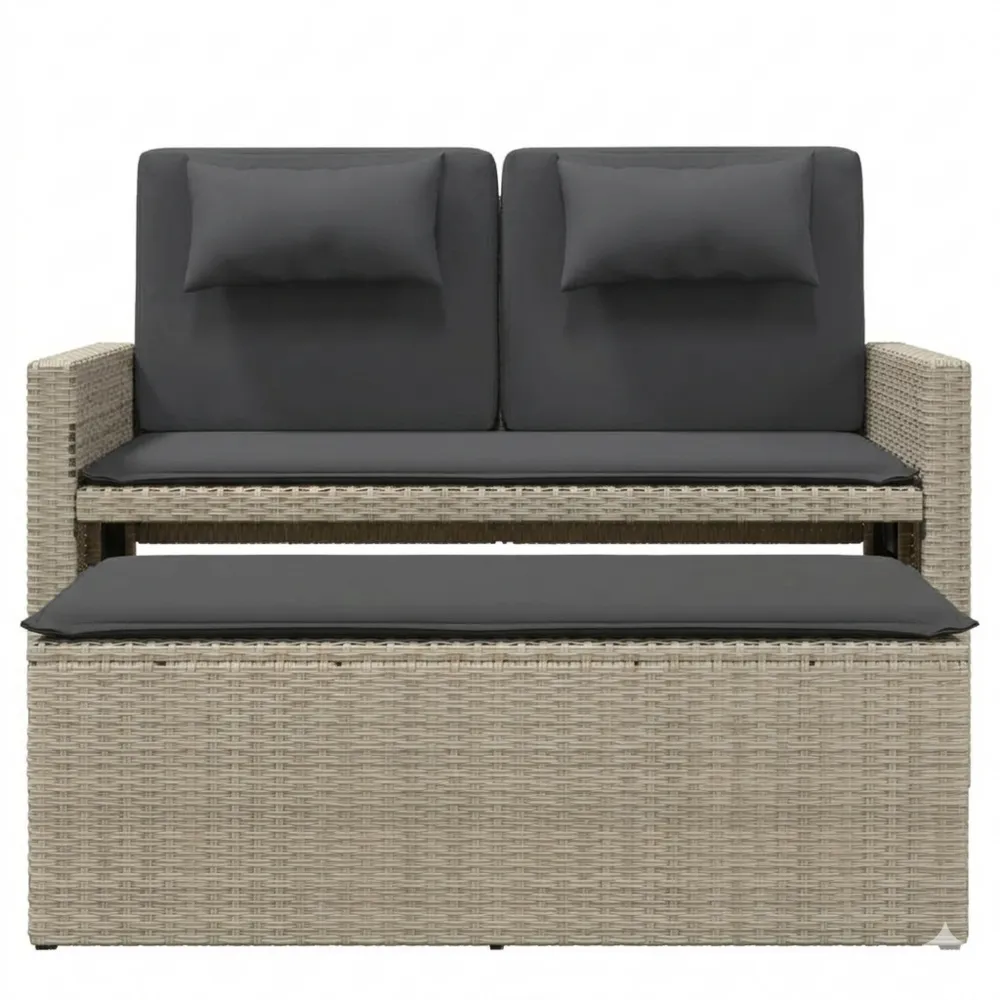 Ausziehbares Gartensofa mit Liegefunktion, Rattan Lounge für Balkon, Hellgrau