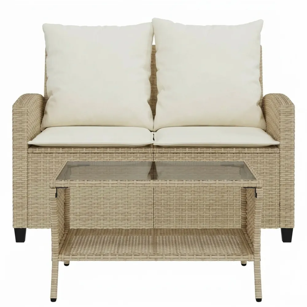 Bequemes Gartensofa mit Tisch und Kissen, Zweisitzer, Poly Rattan, Beige