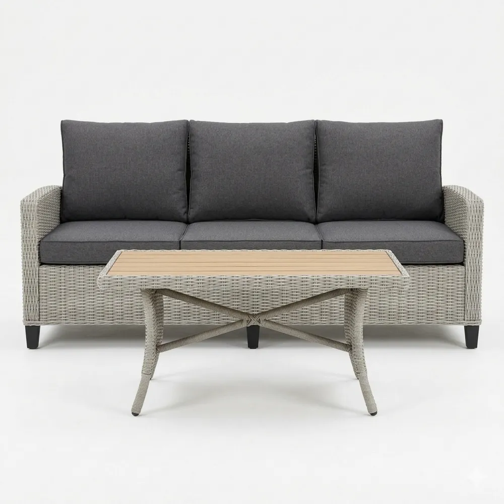 Gartensofa für 3 Personen mit Kissen und Tisch, Hellgrau, Poly Rattan