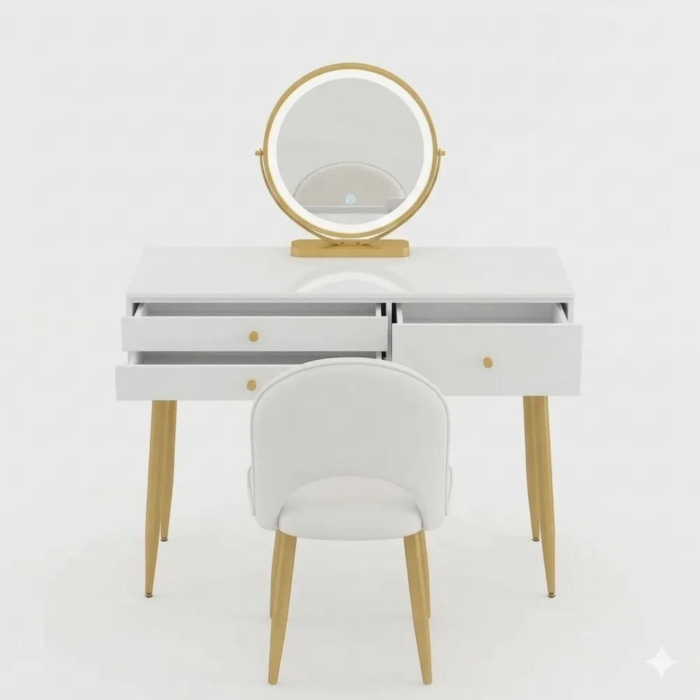 Moderner Schminktisch mit Spiegel und Hocker, 3 Schubladen, 100 x 40 cm, Hochglanz Weiß-Gold, Schlafzimmermöbel