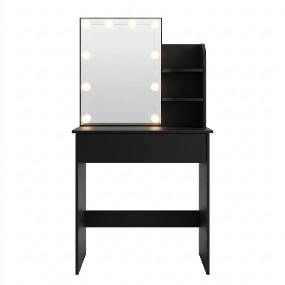 Schminktisch mit LED-Licht und HD-Spiegel, einstellbare Helligkeit in 3 Farben, mit Schubladen und offenen Fächern, Schwarz, 70x40x140cm