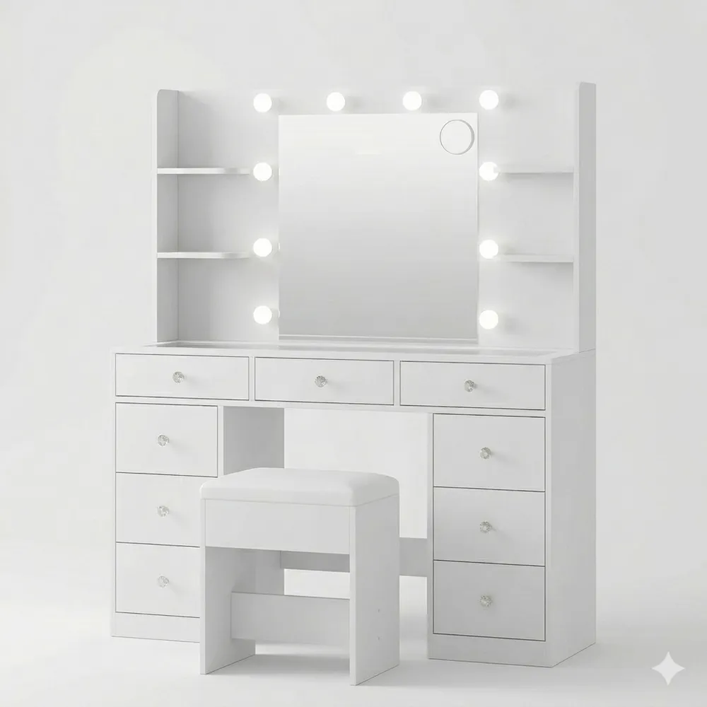 Moderner Schminktisch mit LED Licht und Spiegel, Kosmetiktisch mit Schubladen und Ablagen, Eleganter Frisiertisch für Schlafzimmer