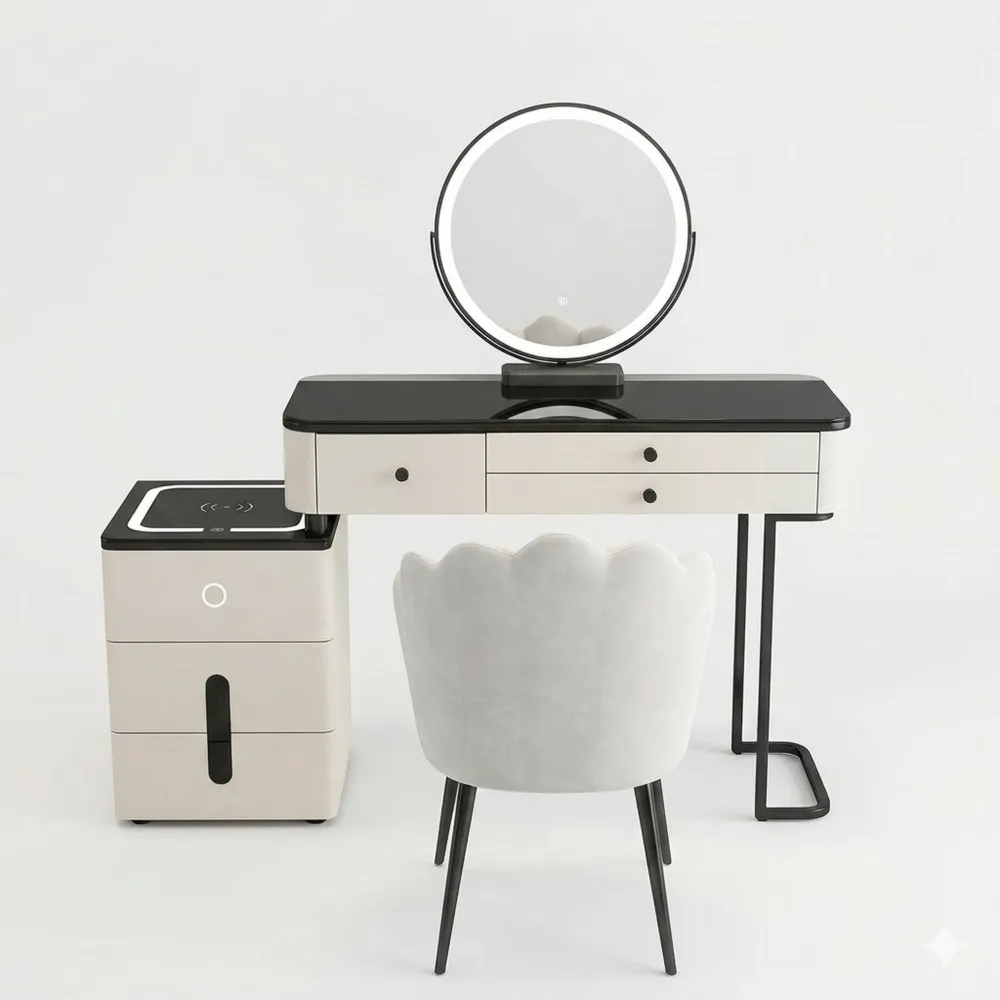 Eleganter Schminktisch mit dimmbarem LED-Spiegel und Stauraum