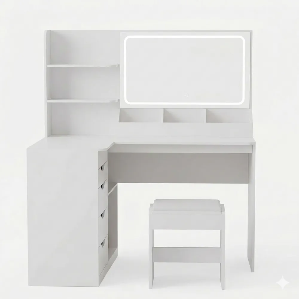 Eckiger Schminktisch mit LED-Beleuchtung und Spiegel, 120 cm breit, mit 5 Schubladen