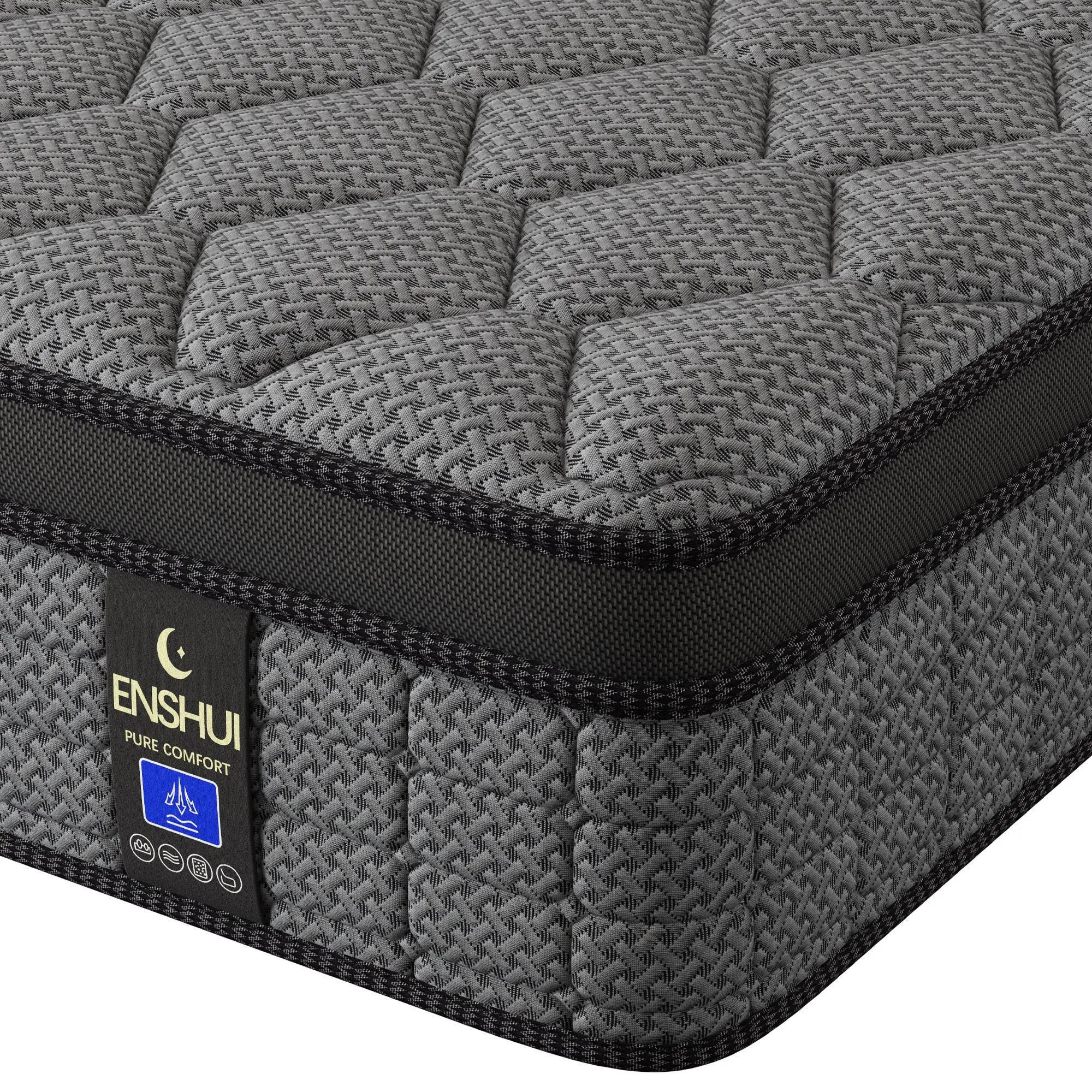 Colchón híbrido de firmeza media de 12/14 pulgadas, ergonómico, gris, en caja, de temperatura neutra, tamaños Queen y King, muebles modernos para dormitorios pequeños, hogar y hotel.