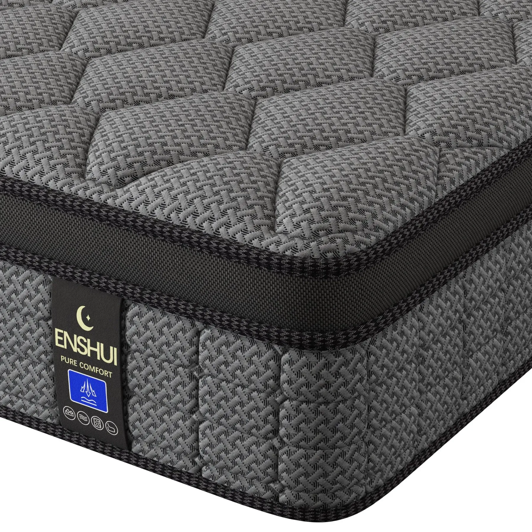 Colchón híbrido de firmeza media de 12/14 pulgadas, ergonómico, gris, en caja, de temperatura neutra, tamaños Queen y King, muebles modernos para dormitorios pequeños, hogar y hotel.