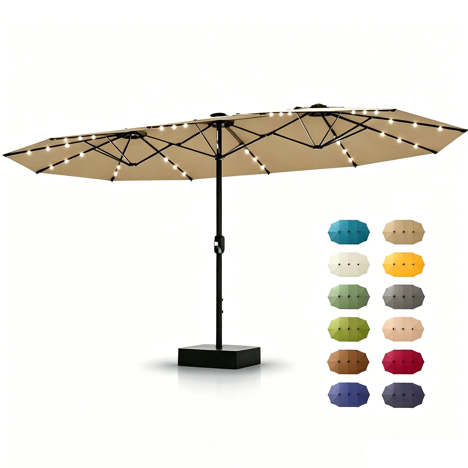 Sombrilla rectangular extragrande para patio de 15 pies (4,5 m), parasol LED para exteriores con protección UV y diseño resistente al viento; incluye manivela y base lastrada; toldo de fácil montaje para jardín, terraza o piscina.