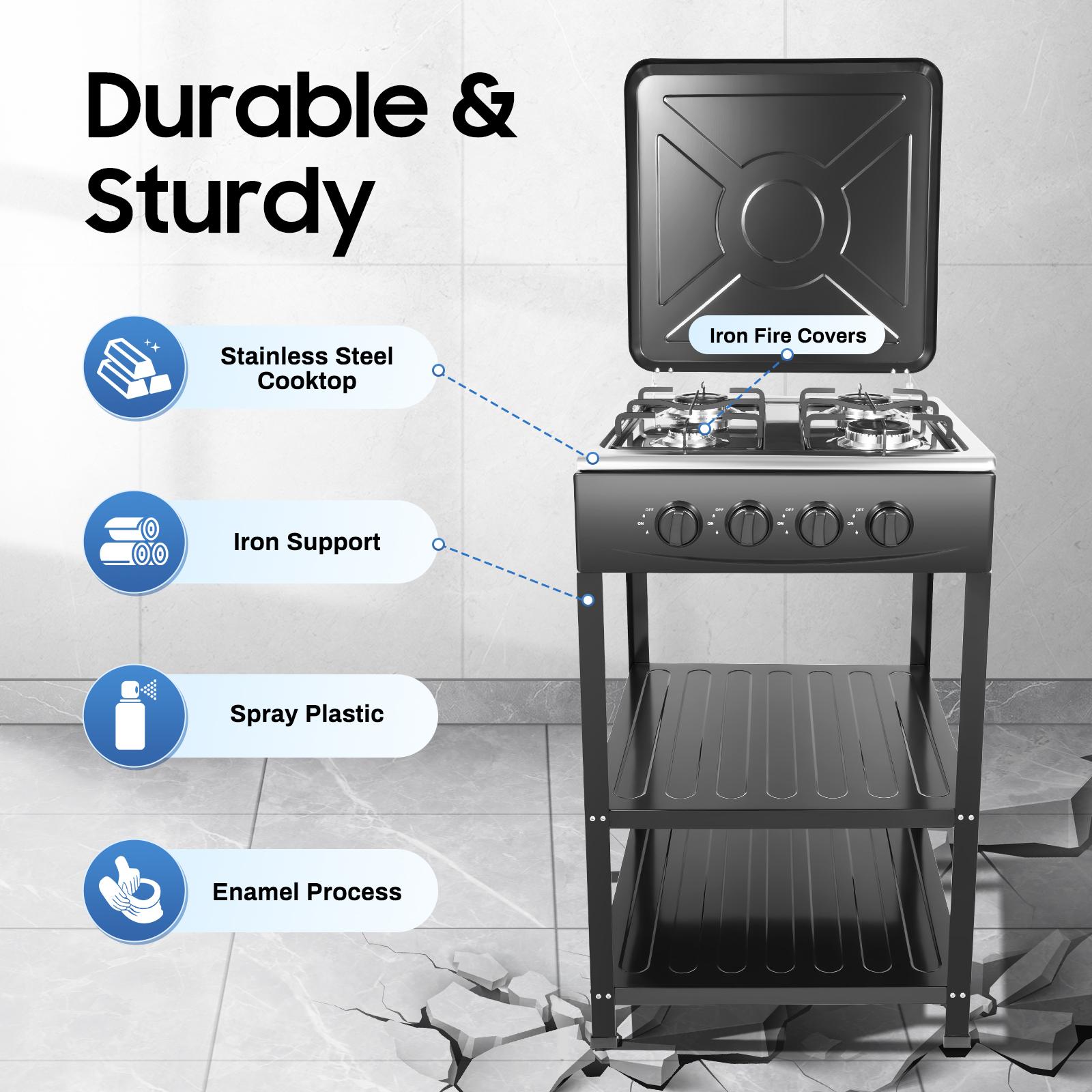4 Burner Freestanding Gas Stove NG LPG Outdoor Camping Portable Cooktop with 4 Knobs Manual Ignition for RV Travel Emergency Preparedness Family Use