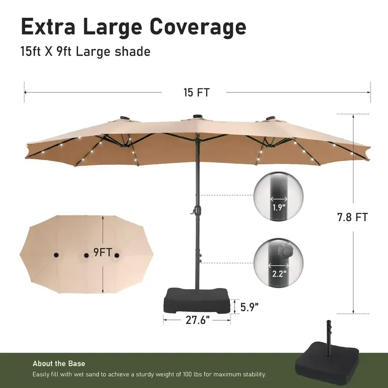 Sombrilla grande para patio de 15 pies con base – Opción con luces LED, doble cara, manivela, impermeable. Incluye base con peso y bolsa de arena. Capacidad para hasta 10 personas, ideal para piscina, jardín, césped, patio, terraza y playa.