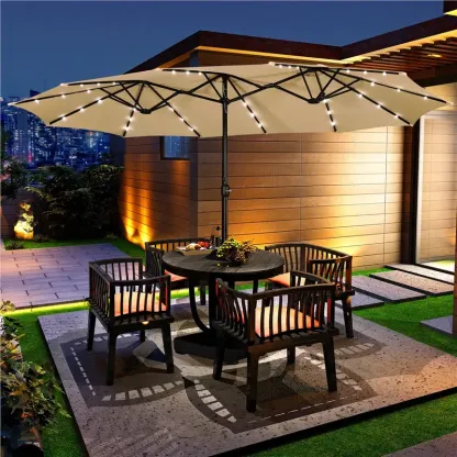 【Regalo para el Día de la Madre】 Sombrilla de Patio Grande de 15 pies — Sombrilla Rectangular de Doble Cara para Exteriores con 36 Luces LED y Manivela — Ideal para Patio, Jardín, Piscina y Césped — Base Incluida