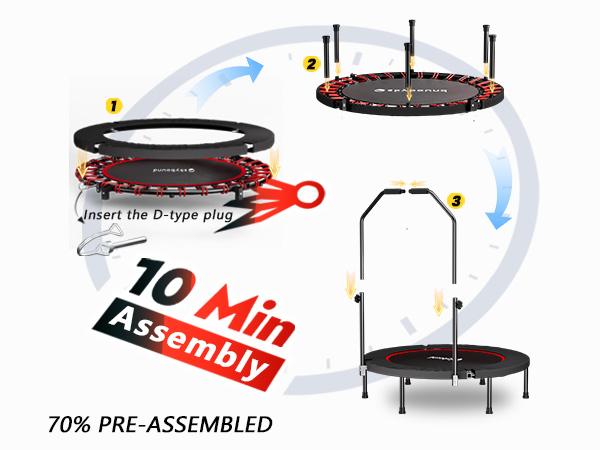 SkyBound 600 LBS Tested Foldable Mini Trampoline, 40'' Fitness Rebounder with Springs/Bungees, Foldable Mini Trampoline with Bungees/Springs，Adjustable U-Bar Handle, Stable Quiet Indoor/Outdoor Exercise Equipment Home Gym Kit