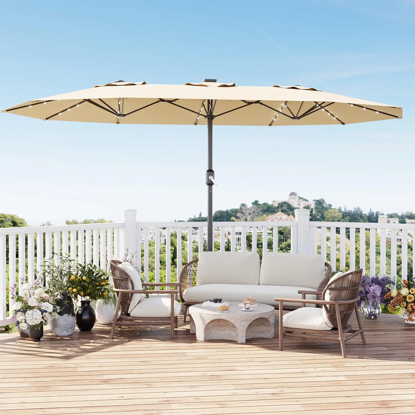 Garvee 15FT Extra Large Rectangular Patio Umbrella, LED Outdoor Parasol with UV Protection Windproof Design, Crank & Weighted Base Included, Easy Assembly Sun Shade for Backyard Garden Deck Pool