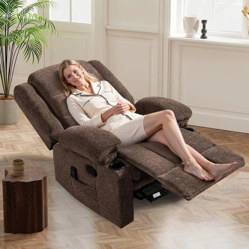 Sillón reclinable manual con masaje y calor, sillón de tela con portavasos y bolsillos de almacenamiento, cómodo y transpirable para la sala de estar