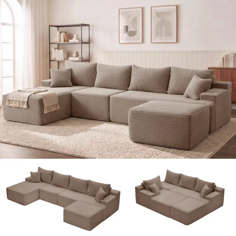 Sofá cama seccional en forma de U de 118 pulgadas con 2 cojines, sofá modular extragrande de 6 plazas, cómodo sofá de pana estilo "nube" con asientos profundos, sofá mullido y acogedor para sala de estar, no requiere montaje.