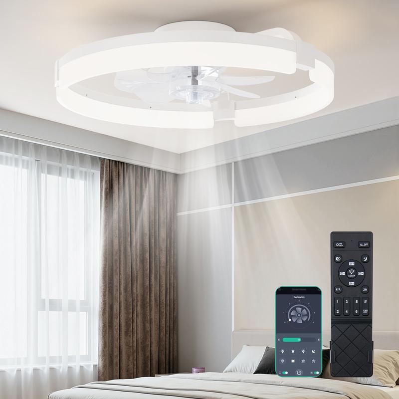 Ventiladores de techo de perfil bajo con luz y mando a distancia, ventilador-lámpara de techo de montaje empotrado, ventilador LED inteligente sin aspas con luz (3000K-6500K), ventiladores de techo modernos en color negro con luz para dormitorio.