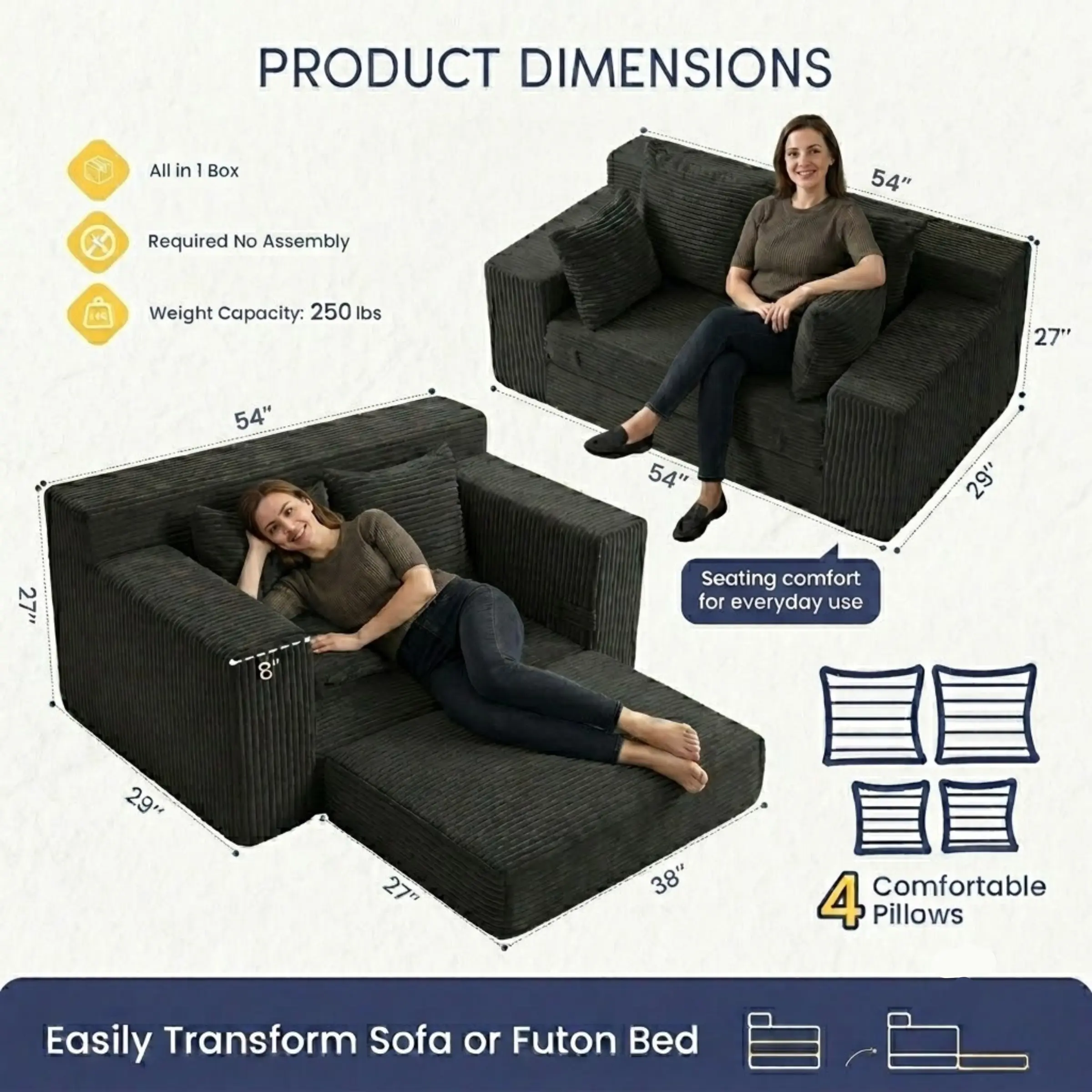 Sofá cama convertible 3 en 1, sofá individual extragrande/sofá de dos plazas, chaise longue plegable, futón cama con 4 almohadas para sala de estar.