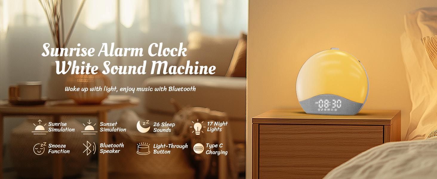 ecozy Sunrise Alarm Clock, White Noise Machine, Sound Machine for Bedroom, Wake Up Light with BT Speaker, 26 Sleep Sounds, 17 Night Lights, Dimmable Digital Clock for Adults, Kids