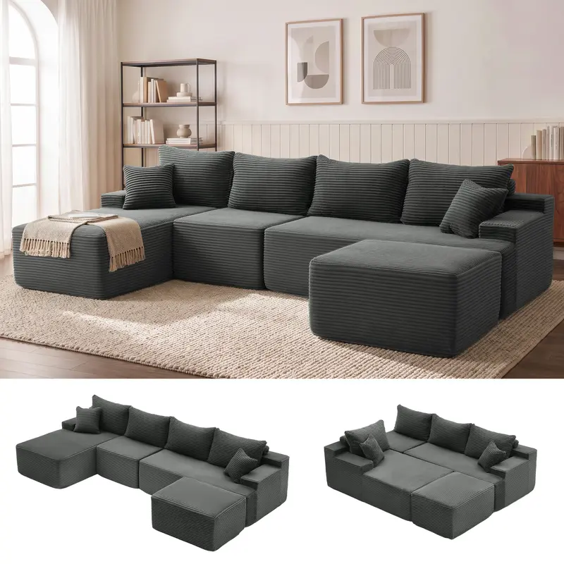 Sofá cama seccional en forma de U de 118 pulgadas con 2 cojines, sofá modular extragrande de 6 plazas, cómodo sofá de pana estilo "nube" con asientos profundos, sofá mullido y acogedor para sala de estar, no requiere montaje.