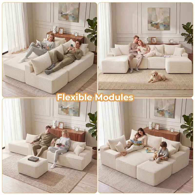 Sofá cama seccional en forma de U de 118 pulgadas con 2 cojines, sofá modular extragrande de 6 plazas, cómodo sofá de pana estilo "nube" con asientos profundos, sofá mullido y acogedor para sala de estar, no requiere montaje.