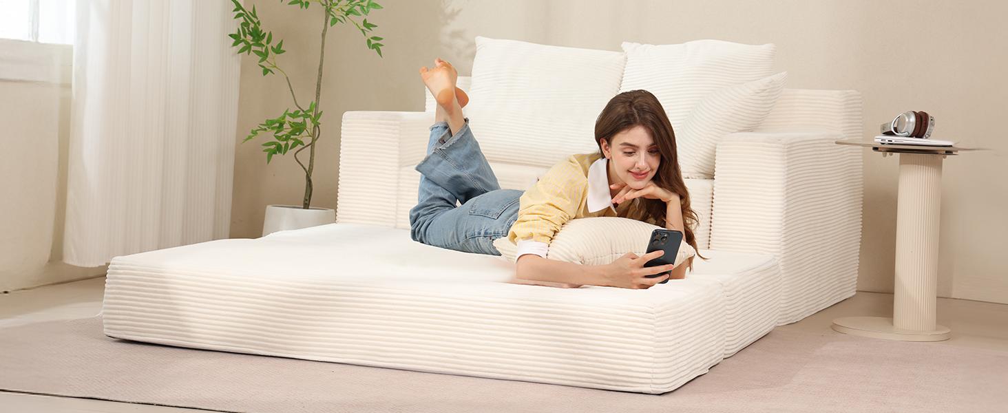 Winzoo Convertible Sofa Bed Floor Couch 3 in 1 Oversized single seat/Loveseat Folding Chaise Lounge Chair Futon Sleeper 4 Pillows for Living Room