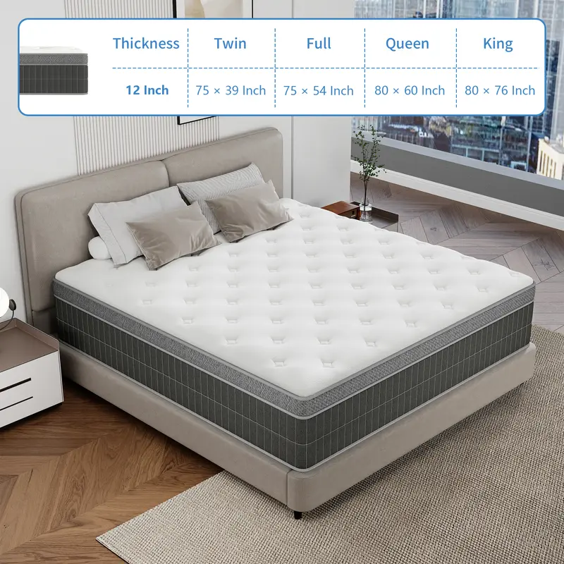 Colchón Híbrido de 12" o 14" para Twin, Full, Queen y King, Espuma Viscoelástica con Resortes Ensacados, Firmeza Media, Soporte por Zonas, Suave y Cómodo, Alivio de Presión, Certificado CertiPUR-US, Empacado al Vacío en Caja