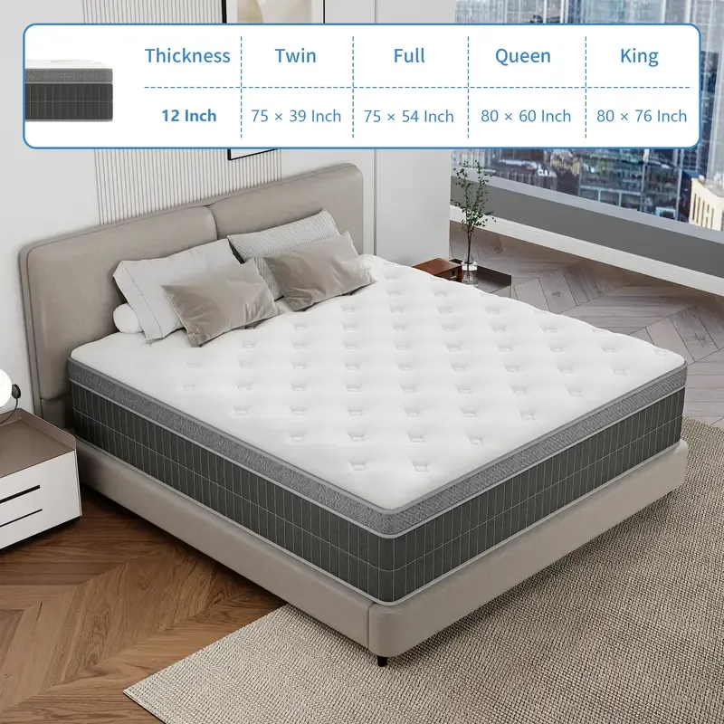Colchón Híbrido de 12" o 14" para Twin, Full, Queen y King, Espuma Viscoelástica con Resortes Ensacados, Firmeza Media, Soporte por Zonas, Suave y Cómodo, Alivio de Presión, Certificado CertiPUR-US, Empacado al Vacío en Caja